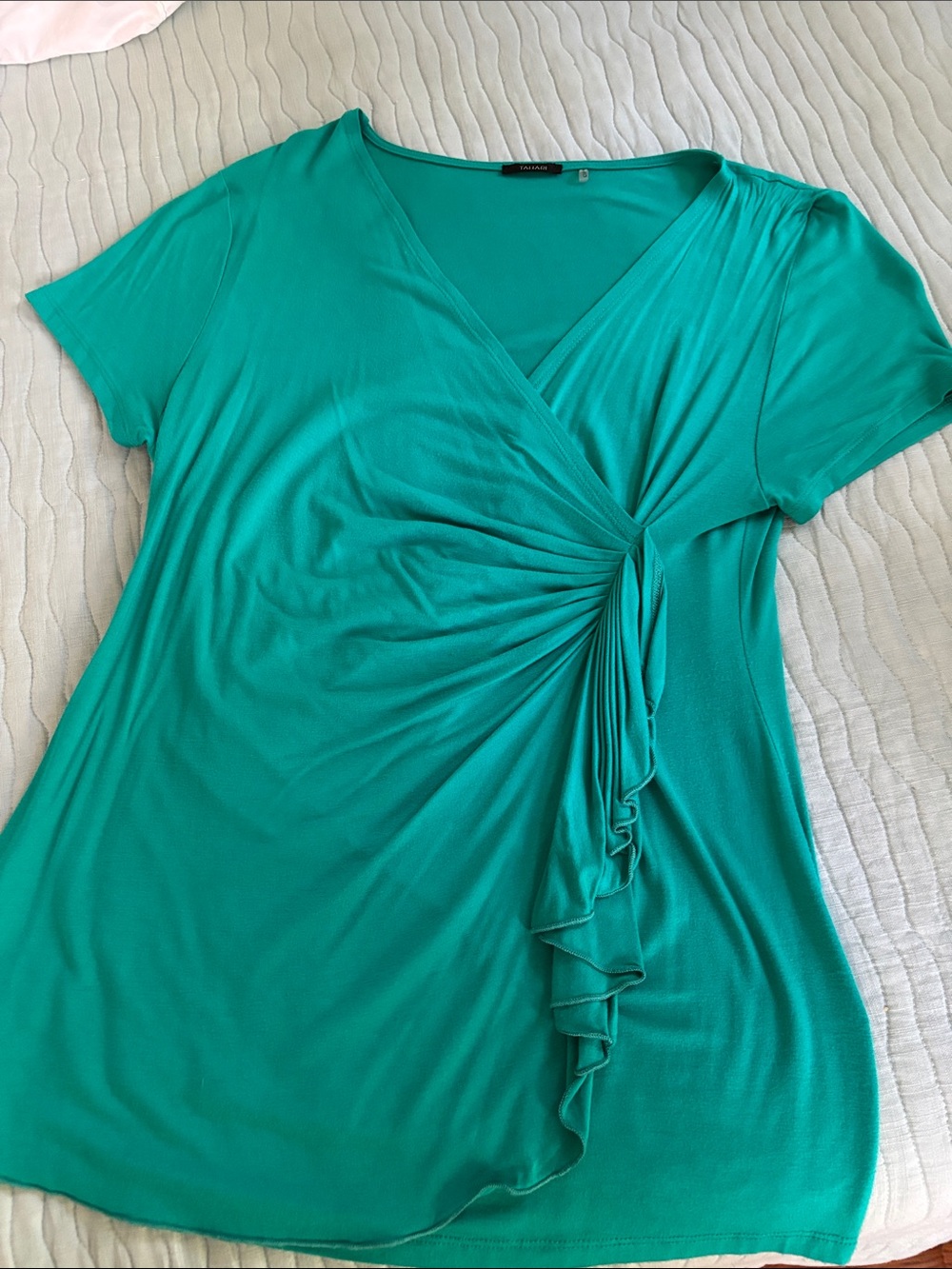 Tahari Teal V-Neck Faux-Wrap Short Sleeve Blouse with Side Ruching Size Large